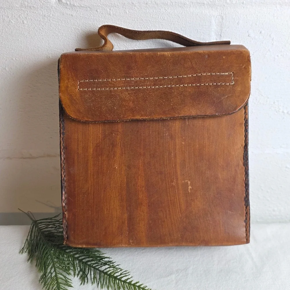 Vintage Handmade Leather Satchel Boxy Field Bag Cognac Brown Hand Stitched